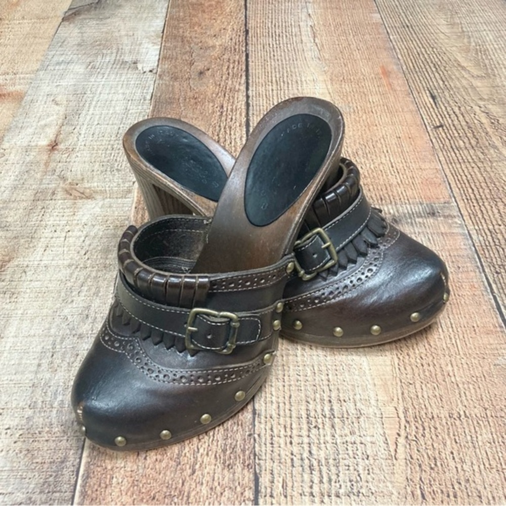 Vintage Made in Italy Dark Brown‎ Leather Kiltie Brogue Studded Wooden Clogs 8